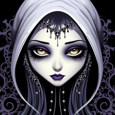 Produce a clipart illustration of a goth woman with eyes that emit an ethereal glow. Add a generous amount of vibrant colors to her attire, while ensuring the image is highly detailed and sharp. The background should be plain white