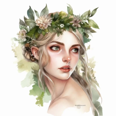 watercolour clipart of beautiful woodland elf, hair tucked behind pointy ears, detailed character illustrations, fantasy illustration, close - up, multilayered realism, goblincore, delicate flowers, forest greenery, enchanted, pretty, majestic, magical, detailed, face only, UHD, 8K, 3D, solid white background