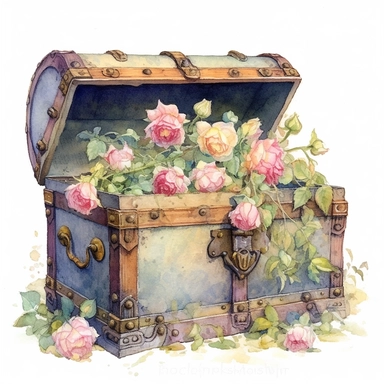 Empty open old pirate chest full of breathtaking english roses in pastel combo, by ann buccarelli ,watercolor, white background ,watercolour, insanely detailed, on white background, amazing colour combo, with detailed watercolor blooms of spring garden flowers white/ pink/ green, bec winnel, intricately textured, close up, walter Langley, lucy grossmith, heavy impasto technique, detailed shading, atmospheric watercolours, on white background clipart