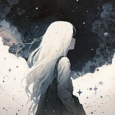 Once upon a time, in a galaxy far away, there lived a girl with white hair and eyes full of stars. She was strong and brave, but she struggled with a deep sadness that weighed heavy on her heart. One day, as she looked up at the vastness of the universe above her, she realized that her sadness was just a small part of something much bigger. She saw the stars shining bright, and she knew that she too had a light within her. With each passing day, the girl fought against her depression, reminding 