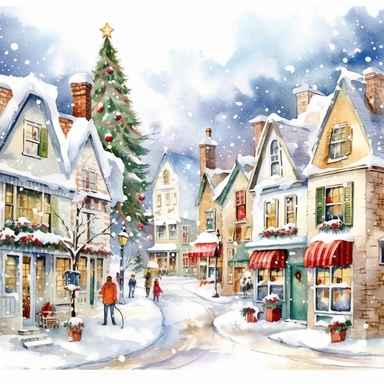 Christmas village, Clip art, magical, enchanting, wreaths, snow-covered streets, Watercolor, colorful buildings, sparkling, charming, detailed, glittery, shiny, twinkling lights, festive, ornate, traditional, whimsical, Michael Powell Style, white backgro