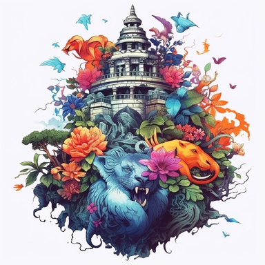 random animal, close up, a sticker, artwork of t shirt graphic of majestic forest, in digital painting style , beautiful flowers, sunset mountains and clouds , big vines, stone temple covered in vines, white background, colorful fantasy flower surround, highly detailed clean, vector image, photorealistic masterpiece, professional photography, realistic, flat white background, isometric, vibrant vector, clipart, illustration, realism, 4k, , cinematic, front view, white background, paradise, extre