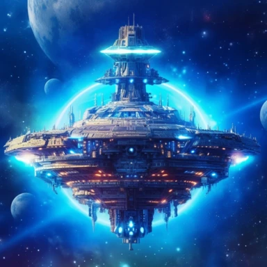 a huge spaceship from which many small ships emerge, with warp propulsion, among stars and nebulae, lush lights, clipart, BLUE background, Spielberg style