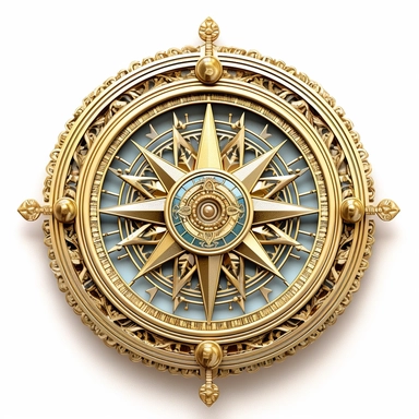 Design an extraordinary clipart of a fairy tale-inspired compass against a pristine white background. The compass should have a golden, filigree design, with a delicate crystal replacing the needle. Depict ancient symbols of guidance and destiny on the compass markings.