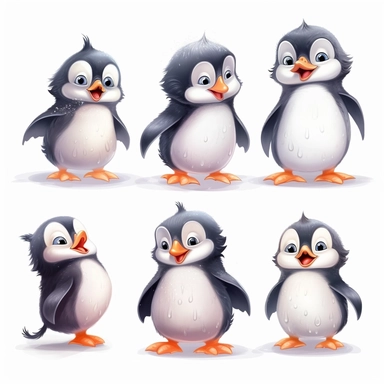 cute happy baby penguins, character clipart different expressions, white background