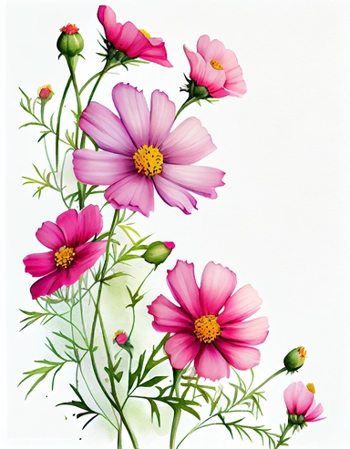 detailed vibrant watercolor pink cosmos side corner border , isolated on white background, realistic, clipart