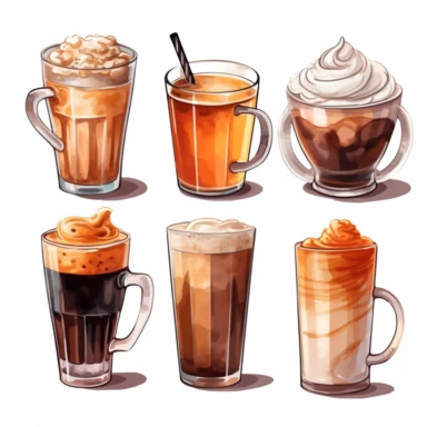 watercolor, Hot and cold coffee beverages. Different types of drinks set. Espresso, americano cup, cappuccino and latte in the paper mug, iced macchiato in the glass. png Full body realistic cartoon in 32K UHD cute. 15 cm thick outline. Black color. There was no shadow on the ground. 8k with realistic watercolors and detailed illustrations. PNG clipart, transparent white background