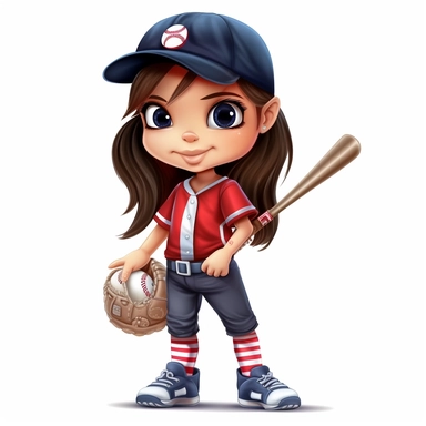 cartoon clipart funny style of an american girl dressed in baseball gear, no bat or ball.