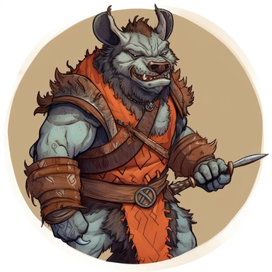 A circular tondo depicting a Dungeons & Dragons character grizzled vicious gnoll with kangaroo features, dressed as an armored Regency barbarian, Craig Mullins Ashley Wood Bernard Buffet Josh Kirby, Mad Max Lord of the Rings Discworld, handpainted punk zine indie retrowave, clipart illustration, circular solid background