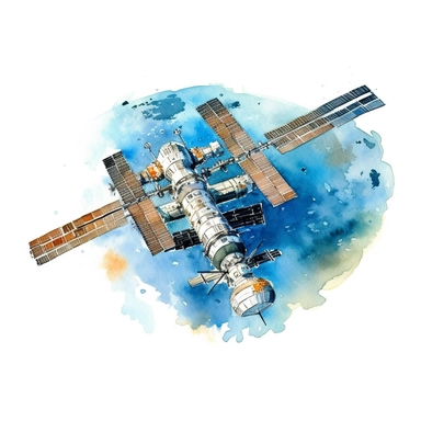 A clipart of the International Space Station orbiting Earth, created in watercolor style, all on a white background.