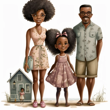 Happy Black Girl and her mom and dad Smiling at the beach ib sag harbor art,black girlsclipart, Funny black girl , Cheerful african american girl child png, clipart, afro ,Full body with legs , Cottage core , preppy , Highly detailed close-up portrait , standing , Nicoletta Ceccoli, Mark Ryden, lostfish, Earl Nor, global lighting, divine rays, detailed and intricate surroundings, sf, intricate artwork masterpiece, ominous, matte painting movie poster, blue ratio, trending on cgsociety, intricate