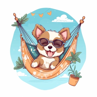 Cute dog Swinging in a hammock, clipart Summer dog Beach summer vibes, Kawaii digital clipart Funny dog