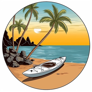clipart scene of a realistic kayak on shore of beach, white clean edged circular background, clean lines and edges