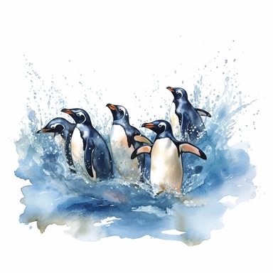 Watercolor clipart consist group of penguins splashing and swimming in the water, showcasing their playful nature, Produce very high detailed image, Produce very high quality image, The penguin proportion is same as real emperor penguin, Left some white empty space around the image frame,