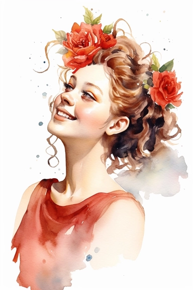 a cute cartoon pretty young Girl with a high gold colored bun and red roses sparkling around her profile, long curly hair with mini flowers in head, portrait, daydreaming expression in watercolor form, sarah kay and holly hobbies, clipart, watercolor, smiling, on a white background, daydreaming expression in watercolor form