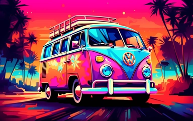 clip art of a VW bus decorated 60's style in synthwave style colourfull multicolour ultra details
