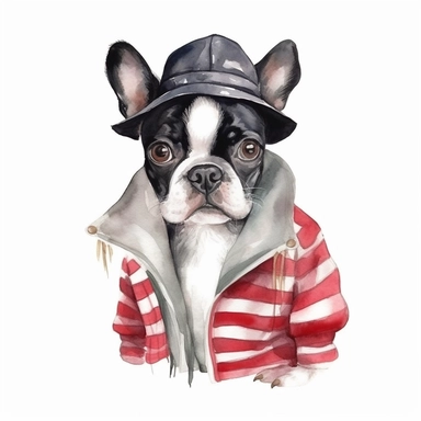 An adorable watercolor clipart of a Doggy Diva wearing a fashionable outfit, black and white Boston Terrier