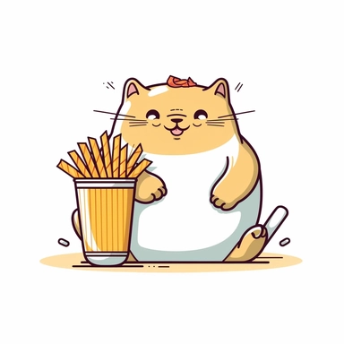 fat chubby cat holding french fries and eating, funny, very funny, clipart with crisp lines and white background
