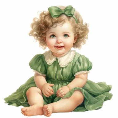 Cute Beautiful Happy Face Vintage Sassy Little Baby Girl Wearing Green Dress Clothes Is Sitting Sublimation Clipart ,Cartoon,hyper realistic, intricate detail, illustration style,high solution,on the white background
