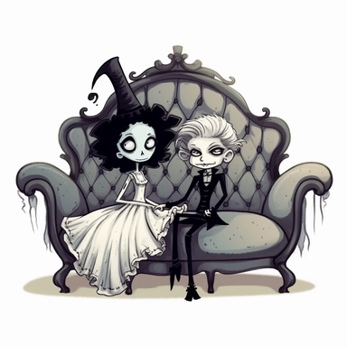 halloween cute witch and warlock sitting on a 18th century loveseat, clipart, in the style of tim burton, background is only white