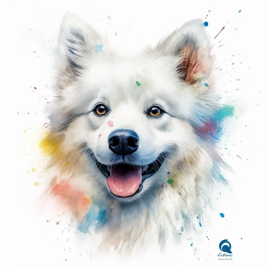 cute American Eskimo dog portrait, full face, centered shot, side shot, dynamically posed, in action, playful mood, happy mood, playing mood, cute face, adorable smile, childlike eyes, clean watercolor illustration, white background, nursery baby imagery, painting, detailed, 8k, PNG, clipart,