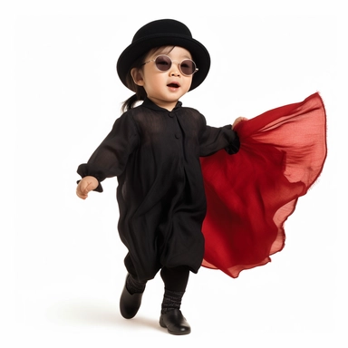 Singer Yoko Ono as a 2 year old toddler, wearing a classic black satin chanel dress, red shoes, red velvet bowler hat, gold silk scarf, dancing, irradiant facial expression, plain white background, clipart