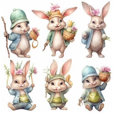 easter bunny gnome clipart pictures, free to download for commercial use, in the style of eclectic collages, carved wood blocks, mandy disher, two dimensional, decorative borders, luminous watercolors, dye-transfer