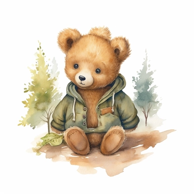 little baby, brown bear,neutral nursery art,cute bear, baby clothes, cotton clothes,intricate,disney, baby light green,baby light blue, baby light ocher,hairy, cotton, beautiful trees,enchanted Forest,realism, watercolor painting, enchanted Forest, solid background, white background, vintage outfit, oil painting, photobashing, tattoo design,clipart--v 5