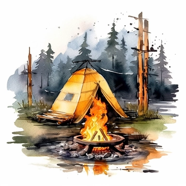 watercolor clipart of bonfire in a camping site