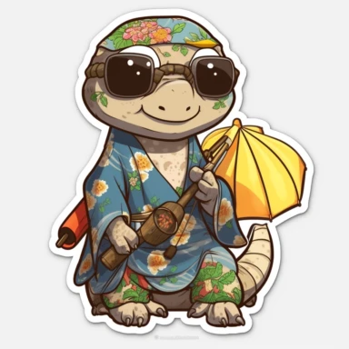 sticker, clipart, cartoon of a cute Komodo Dragon cub with sun glasses and headphones, dressed with japanese gear,Kimonos, yukatas, geta sandals, tabi socks, kanzashi hair ornaments, and samurai armor, 3D, disney pixar style, puppy eyes, looking at athe camera, white background ,high definition, high resulotion, highly detailed,16K