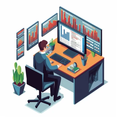an office worker looking at charts on a computer in the style of clipart