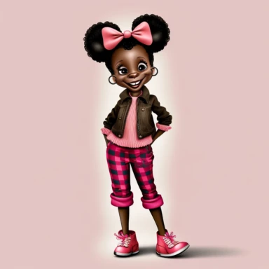 2d, beuatiful vibrant full body smiling african american adult mickey mouse woman clipart, dark brown face, pink ears, pink boots, cartoon realistic