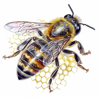 watercolor, An educational illustration highlighting the anatomy of a bee's hind leg, specifically focusing on the structure and function of the pollen basket and its role in carrying pollen grains for pollination. (Digital drawing clipart, image black border color, full body, transparent background)