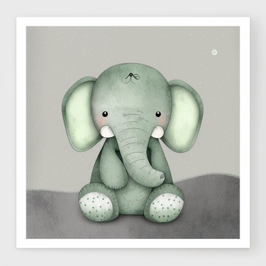 cute animal wall clipart, baby elephant in the style of atmospheric watercolor organic designs, soft and dreamy, dark silver and light green, storybook illustration, plush doll art on subtle background