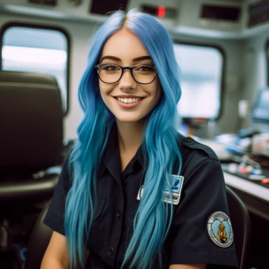 young mid twenty woman, long blue hair, black framed glasses, in a bright blue Medical Department workshirt, an ambulance patch on the side of the shirt, black Trousers, a Radio device clipped on the shoulders, smart, Fresh smile, 50mm, f1.8, Beatuy Retouche, beautiful, standing in Front of an American Hospital, sunset, happy, photorealistic, dark strong blue hair,