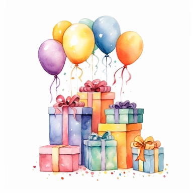 watercolor cute clipart, adorable, gift boxes in the party, on white background