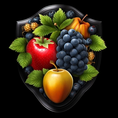 black A shield symbolizing protection, with fruit or vegetable images like a berry inside., clipart