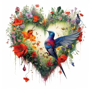 painting of a real heart with a forest inside of it, in the style of enchanting realms, nature-inspired installations, bloom core, colorful flowers ,hummingbirds ,mesmerizing colorscapes, skillful, fluid and organic, clipart, white background