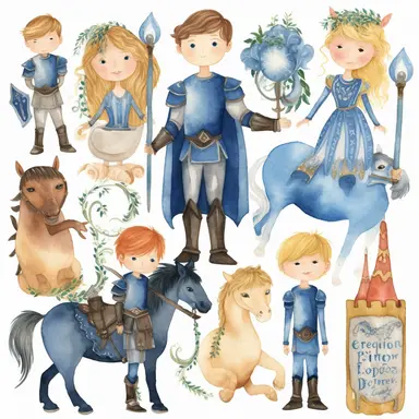 A watercolor collection by Penelope Whimsy, showcasing a playful and heartwarming clipart set of blue fairy tale prince characters in 5 diverse hair and skin colors, complemented by delightful details such as a shield, horse, dragon, prince crown, castle, knights, and armor, great for designing invitations, planner stickers, party printables, and embroidery projects.