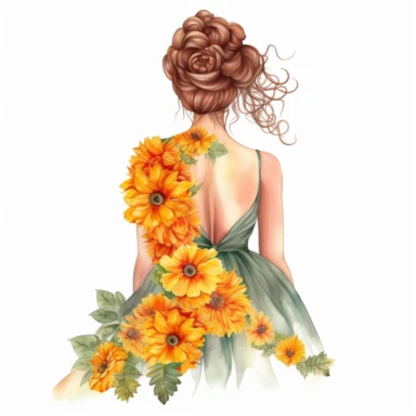 Watercolor A woman's face, full body, back view White fabric leaves flowers Marigolds decorate hair, wedding dress with flowers Marigolds and leaves adorning her hair. hair up with flowers Marigolds vividly bold designs png Full body realistic cartoon in 32K UHD cute. 15 cm thick outline. . There was no shadow on the ground. 8k with realistic watercolors. and detailed illustrations. PNG clipart, transparent white background