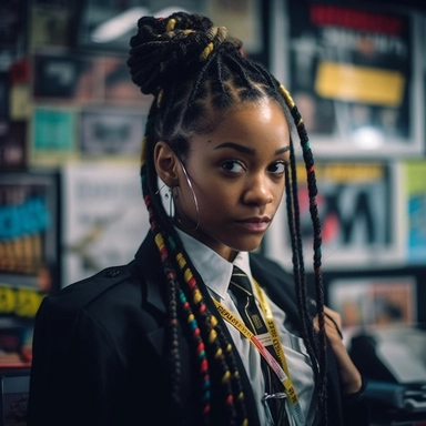 Black young lady, black&white iamge, ponytail braid, multicolour hair clips, colourful hairbands, katana sheathed on back, leather trench coat, long sharp acrylic nails, serious expression, in school newspaper office, daytime, colourful, vibrant, stage-like environment , lens blur, Cinematic, Photoshoot, Shot on 28mm lens, Depth of Field, Tilt Blur, Shutter Speed 1/100, F/22, White Balance, 32k, Super-Resolution, Pro Photo RGB, Half rear Lighting, Backlight, Dramatic Lighting, Incandescent, Soft