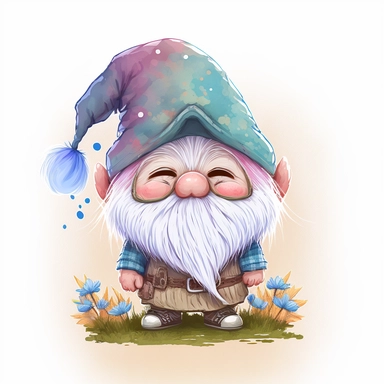 cute chibi happy gnome with big white beard, wearing spike hat, hat is covering the eyes, clipart, line art, in the style of Anni Betts + Christine Battuz, watercolor illustration style 8k, png
