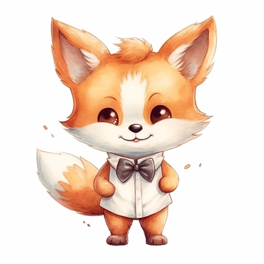 a captivating watercolor clipart image with a white background and white margins, featuring a cute sweet kawaii extremely happy smiling baby fox with a tie. The ultra-detailed, hand-drawn elements capture the details. Use vibrant shades of various colors to create a visually appealing image