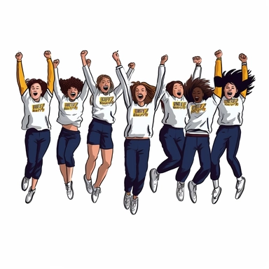 Clipart group of students doing jumping jacks together in their PE uniforms, white background.