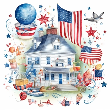american theme clipart, independence day, in the style of dreamy watercolor scenes, detailed miniatures, free brushwork, pictorial fabrics, pattern, founding fathers sticker art style, patriotic american colors, white backround
