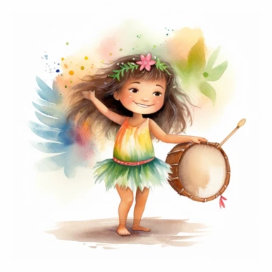 watercolour, adorable little hula dancer, she is 4 years old, dancing and playing a Hawaiian looking little drum, clipart