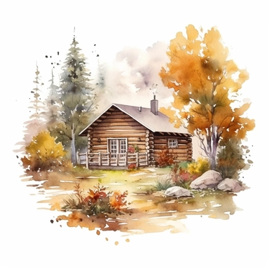 a log cabin in the woods with a garden. it is autumn. on a white background. clipart. watercolour