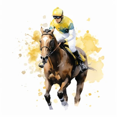 race horse, with jockey, yellow flowerswater color, white backhround, clipart