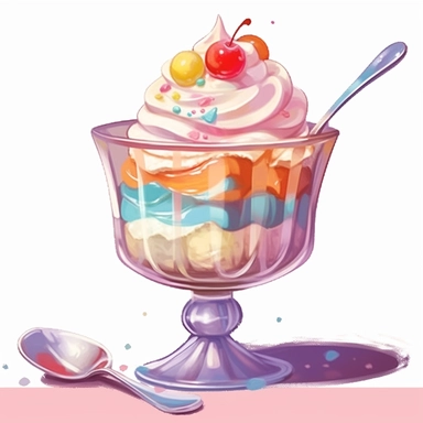 a drawing of a dessert featuring candy and whipped cream, in a glass sunday bowl, in the style of pastel toned, shiny/glossy, colorful fantasy realism, caffenol developing, warmcore, #screenshotsaturday, rubens, white background, isolated, free brushstrokes, watercolor illustration, clipart,