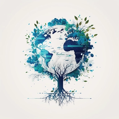 planet earth, glass morphism, tree, leaves, blue, simple, clean white background, digital, circuit board, icon, clipart, futuristic, 2D, flat, svg, sci-fi, 4k, vector